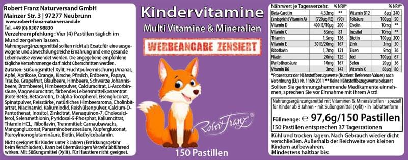Kinder Multi Vitamine und Mineralien Robert Franz 150 Pastillen 